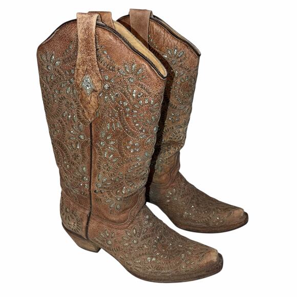 Corral Brown Leather Turquoise Glitter Inlay & Stitching Boots Snip Toe A3352 7M - Picture 2 of 16